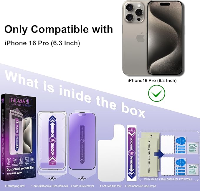 2 Pack Anti Blue Light Matte Screen Protector for iPhone 16 Pro 6.3-Inch Auto Dust Removal, No Bubbles, Tempered Glass Film, Easy Installation