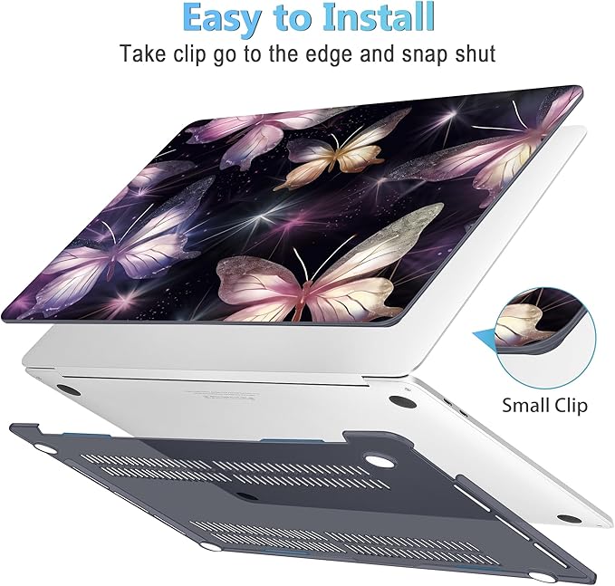 Mektron for MacBook Air 13 Case A1466/A1369 (2010-2017 Release), Snap-on Plastic Hard Shell Cover for MacBook Air 13.3 inch with Keyboard Cover, Glittering Butterfly