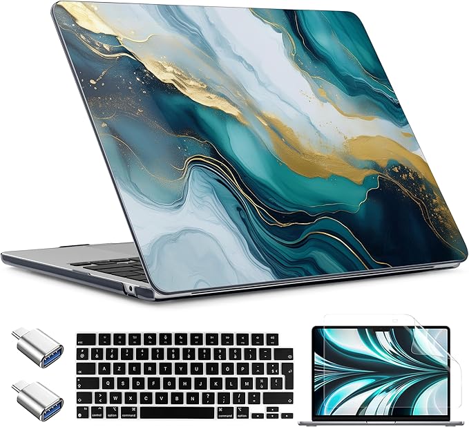 TWOLSKOO Compatible with M4 MacBook Air 13.6 inch Case 2025-2022 Release M4 A3240 M3 A3113 M2 A2681, Plastic Hard Shell & Keyboard Cover & Type C Adapter & Screen Protector, Graphite Marble