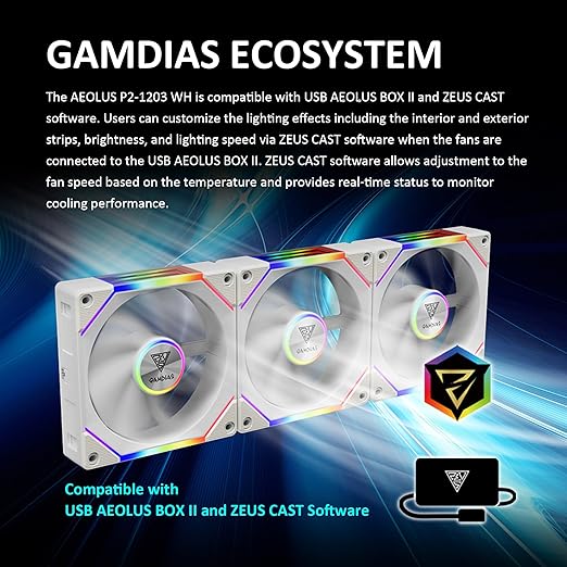 GAMDIAS Aeolus P2-1203U 120mm ARGB PWM Fan(3 Fan Pack w/USB Hub), Include Reverse Fan Blade x3, ARGB Sync Ready, Easy Installation & Cabless Daisy-Chain Design, Silent Operation, Up to 2400RPM, White
