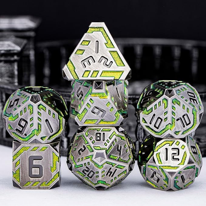 Metal DND Sci-fi Dice Set 7PCS Stripe Polyhedral Dice for Dungeons Dragons RPG Role Playing Game, Glitter D and D Dice with Gift Box D6 D8 D10 D12 D20 (Grey&Green Yellow)