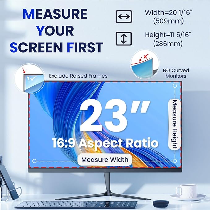 Magnetic Privacy Screen for Frameless Computer Monitor 23 Inch 16:9 Aspect Ratio,Hanging Blue Light Screen Protector Eye Protection Anti-Spy Shield, 23in Removable Privacy Filter