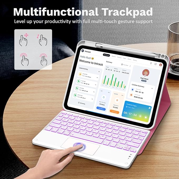 MoKo Touch Keyboard Case for iPad (A16) 11th Generation 11 inch 2025, iPad 10th Generation 10.9 inch Case with Pencil Holder, 7 Colors Backlit Multi-TrackPad Detachable Bluetooth Keyboard, Shiny Pink