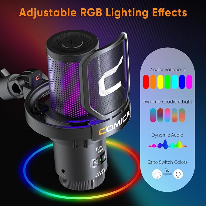 Comica EJoy Uni Pro Wireless USB Condenser Gaming for PC, PS4, PS5, USB C Phone and Mac, Boom Arm RGB Computer Mic for Twitch, Streaming, Podcasting, Noise Cancellation Mic with Mute, Gain, Monitoring