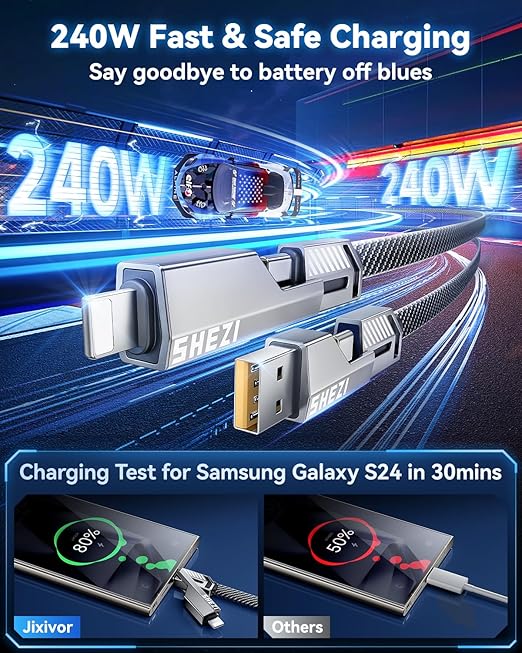[One is Enough] 4-in-1 Compatible with USB C to Lightning Cable, 240W High-Speed Charging & Fast Data Transfer,CarPlay & Android Auto Support Multi Charger Cord Combo for iPhone/Samsung/iPad,5FT