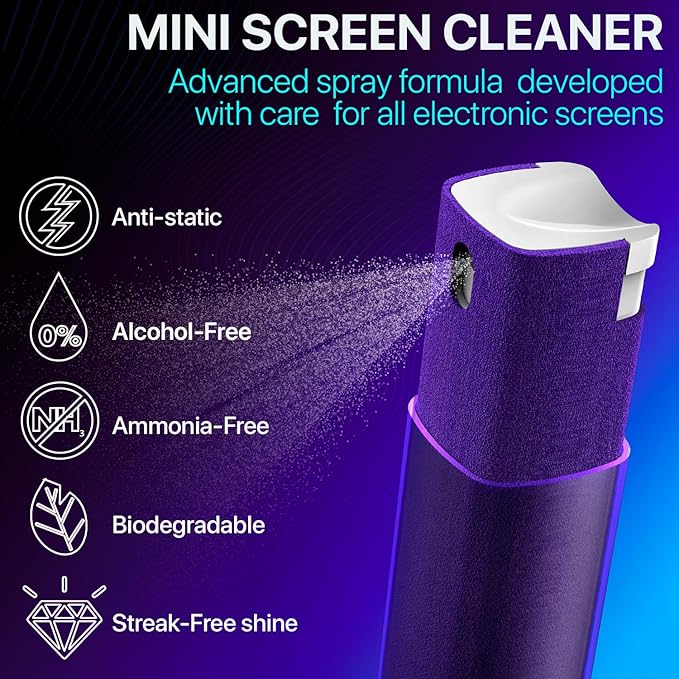 Mini Screen Cleaner Spray – Finger Proof Screen Cleaner for Smartphones, iPads, MacBooks, Laptops, Car Screens, Touchscreens – 3 in1 Mist Cleaner, Microfiber Cloth and Protective Cover (Blue)