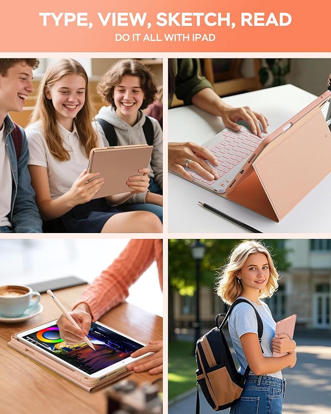 Keyboard Case for iPad 9th 8th 7th Generation Case 10.2" - 7 Colors Backlit Detachable Folio Keyboard Cover with Pencil Holder for iPad Pro 10.5" / iPad Air 3rd Gen (Pink)