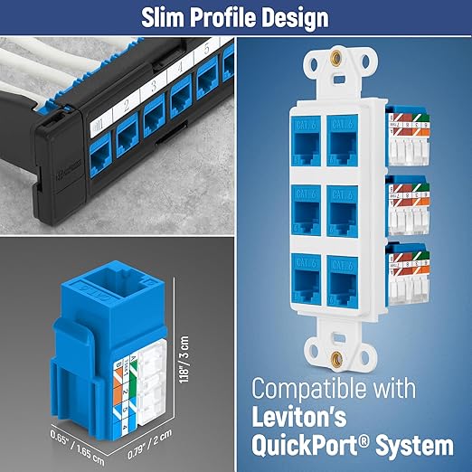Everest 90° Angled RJ45 Cat6 Keystone Jacks 10-Pack in Blue - Slim Profile Female RJ45 Connectors - Cat 6 Keystone Jack - Compatible with 90° Angled Speed Termination Tool - easyJACK (B094WB91H3)