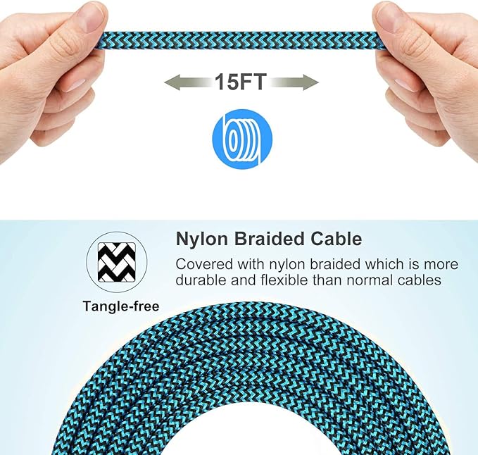 RoFI Micro USB Cable 15ft with 3A Fast Charging, Extra Long and Extremely Durable Nylon Braided Charger Cord for Galaxy S7/S6/J8/J7 Note 5,Kindle,LG,PS4,Camera,Xbox One and More (White)