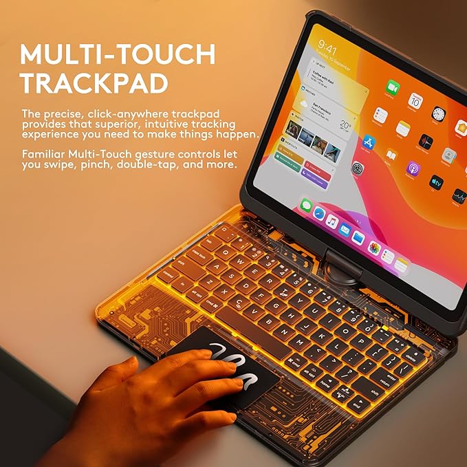 GUSGU Transparent Case with Wireless Keyboard for iPad 10.2-in (7th, 8th, and 9th Gen), 7 Colors Backlight, Trackpad, 360°Rotating Stand, Tech Style