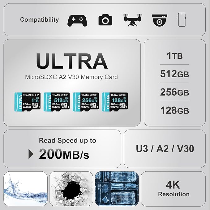 TEAMGROUP A2 Ultra Card 256GB Micro SDXC UHS-I U3 A2 V30, R/W up to 200/150 MB/s with Adapter TULMSDX256GIA2V3022503