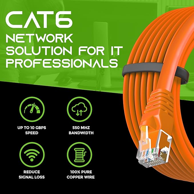GearIT Cat 6 Ethernet Cable (10-Pack 7 Feet) Cat6 Network Patch, 10Gbps, RJ45, Snagless Cord, Gold-Plated Connectors, Internet for PC, TV, Tablet, Router, Printer, Servers, IT Data Center - Orange