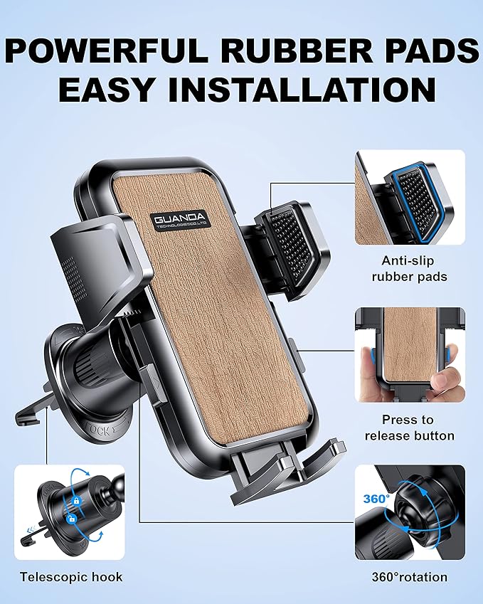 Car Phone Holder Mount for Air Vent, [Never Shake Hook Clip] 360° Adjustable Vent Clip, Compatible with Big Phones,Thick Cases, Phone Holders for Your Car–Fits iPhone, Samsung and Android