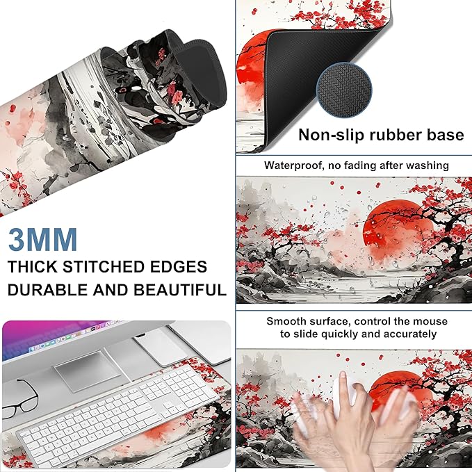 Large Mouse Pad Ink Painting Gaming Desk Pad Computer Keyboard Non-Slip Waterproof Mouse Mat with Rubber Base and Stitched Edges Entertainment Office Writing Desk Mat 35.4 x 15.7 Inches