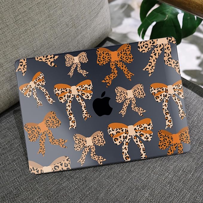 MEEgoodo for M4/M3/M2 MacBook Air 15.3 inch Case 2025 2024 2023, Case Fit Model (A3241/A3114/A2941) for MacBook Air 15 inch, Laptop Hard Shell with Keyboard Cover, Ribbon Bow with Leopard Skin