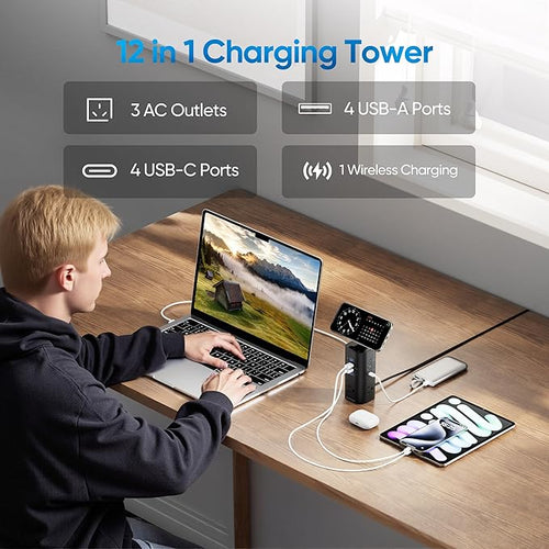 115W Fast Charging Station, TenTrend Power Strip Tower Surge Protector, 5FT Extension Cord with 3AC Outlets & 8 USB Ports(4 USB-C), Flat Plug Charging Tower for Home, Office Supplies, Dorm Room