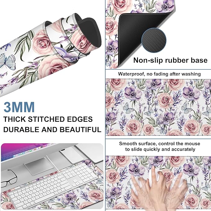 Gaming Desk Pad Large Extra Length Lavender, Roses and Anemone Mouse Pad Keyboard Laptop Non-Slip Waterproof with Rubber Base Thick Stitched Edge Mouse Mat for Office Home 35.4 x 15.7 Inches