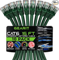 GearIT Cat 6 Ethernet Cable (10-Pack 15 Feet) Cat6 Network Patch, 10Gbps, RJ45, Snagless Cord, Gold-Plated Connectors, Internet for PC, TV, Tablet, Router, Printer, Servers, IT Data Center - Green