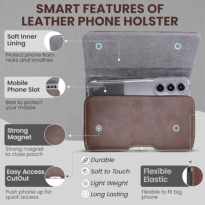 Leather Phone Holster for Men, Horizontal Cell Phone Case, Fits iPhone 17/17 Pro 16/16 Pro 16e 15/15 Pro 14/14 Pro 13/13 Pro 12/12 Pro 11 XR, Belt Clip Phone Pouch Holder, Brown Medium.