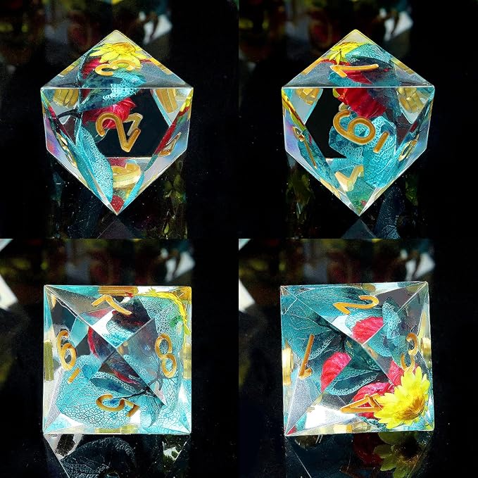 Haxtec Flower Sharp Edge Dice Resin DND Dice Set 7PCS Yellow Blue Red Polyhedral D&D Dice for Role Playing Dice Games Compatible with Dungeons and Dragons