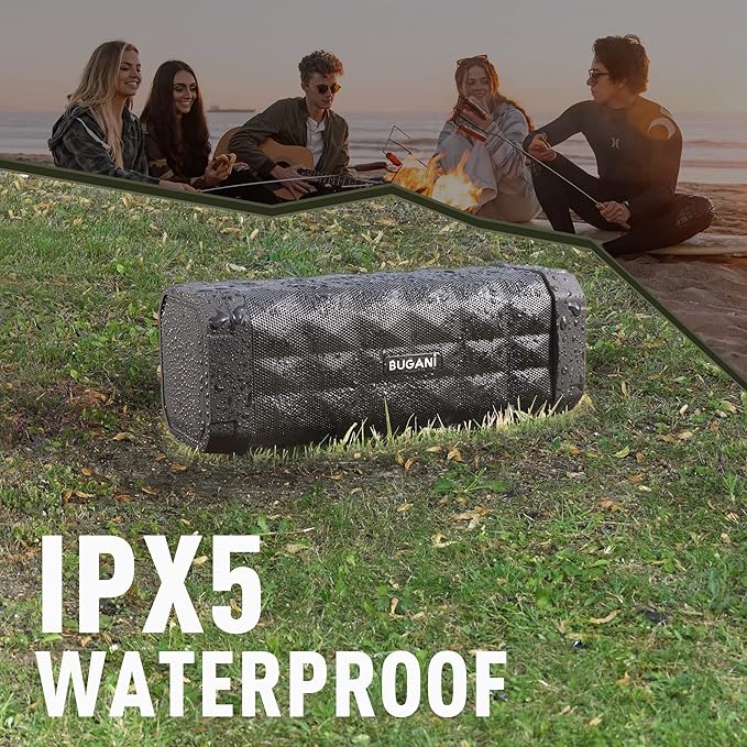 BUGANI Bluetooth Speakers Portable Bluetooth Speaker, 100ft Wireless Range, Louder Volume, Stereo Sound, Amazing Bass 24H Playtime, IPX5, Built-in Mic, Wireless Speaker for Ourdoor Indoor(Black)