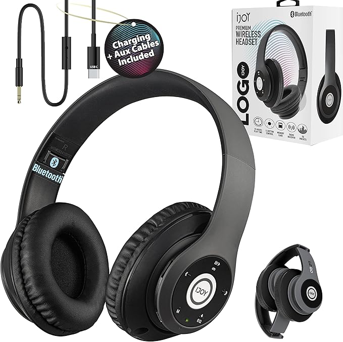 iJoy Bluetooth Headphones Over Ear, Wireless and Wired Foldable Headset Built-in Microphone - (Stealth) Adults Kids Men Women - Audifonos Auriculares Inalambricos