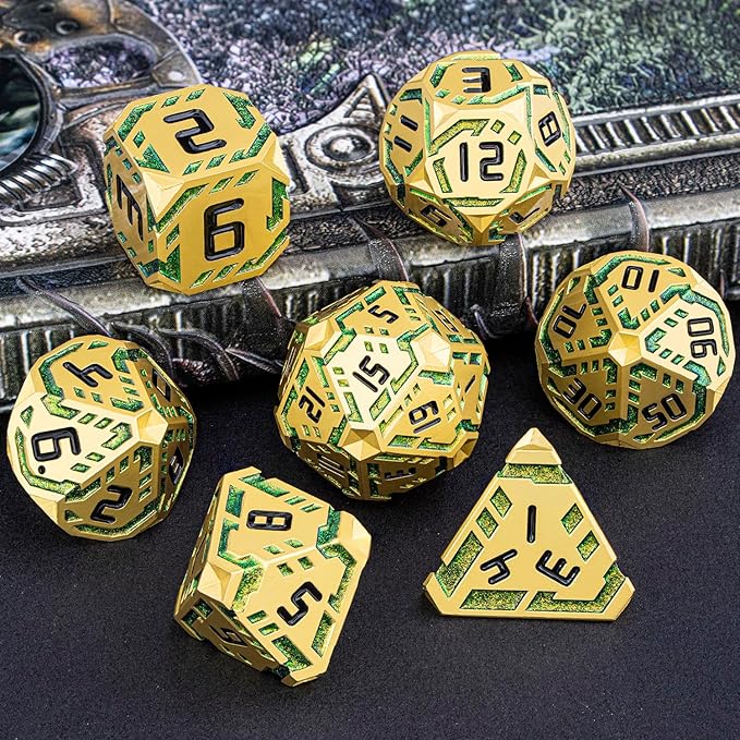 Metal DND Sci-fi Dice Set 7PCS Stripe Polyhedral Dice for Dungeons Dragons RPG Role Playing Game, Glitter D and D Dice with Gift Box D6 D8 D10 D12 D20 (Golden Green)