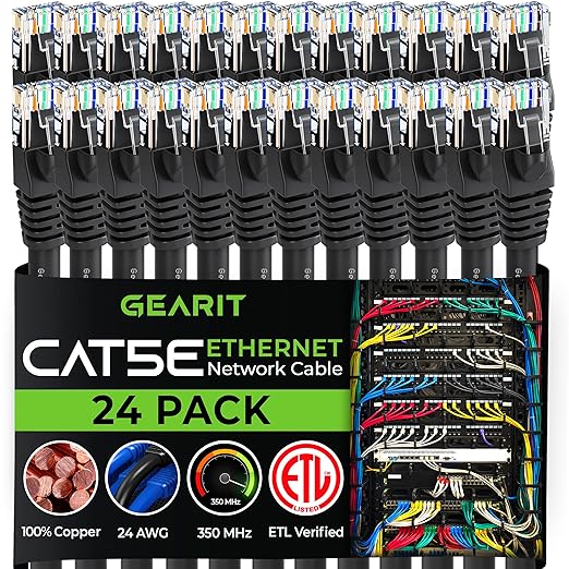 GearIt 24-Pack, Cat5e Ethernet Patch Cable 2 Feet - Snagless RJ45 Computer LAN Network Cord, Black