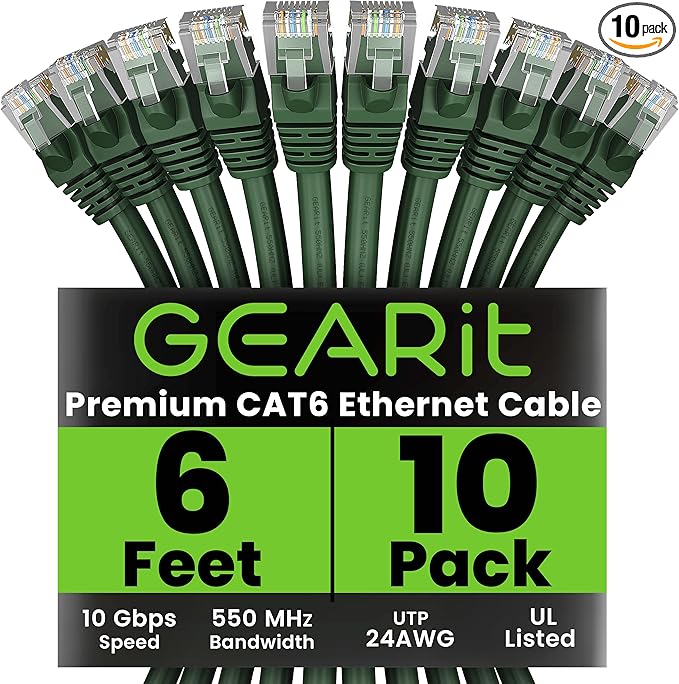 GearIT Cat 6 Ethernet Cable (10-Pack 6 Feet) Cat6 Network Patch, 10Gbps, RJ45, Snagless Cord, Gold-Plated Connectors, Internet for PC, TV, Tablet, Router, Printer, Servers, IT Data Center - Green
