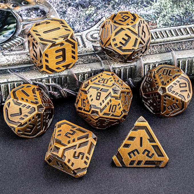 Metal DND Sci-fi Dice Set 7PCS Stripe Polyhedral Dice for Dungeons Dragons RPG Role Playing Game, Glitter D and D Dice with Gift Box D6 D8 D10 D12 D20 (Antique Gold)