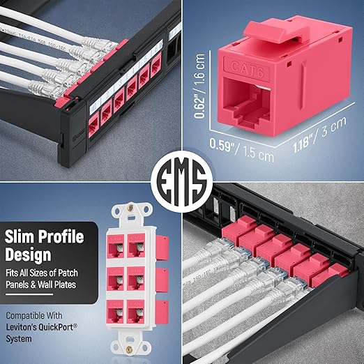 Everest Cat6 RJ45 Keystone Coupler (24-Pack) in Pink - RJ45 Coupler - Cat 6 Couplers - Female to Female Cat6 Keystone Jacks - Ethernet Couplers - Ethernet Cable Extender