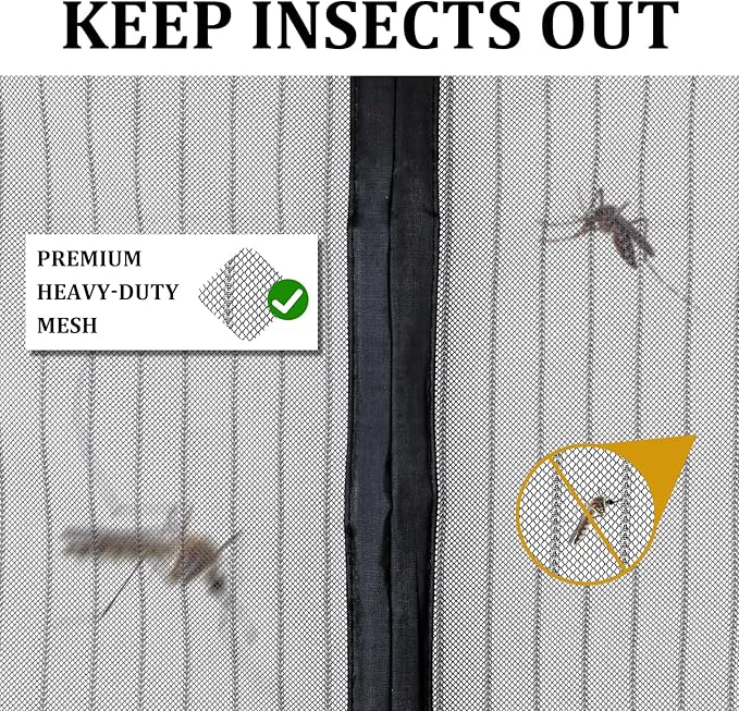 Magnetic Screen Door - Self Sealing, Heavy Duty, Hands Free Mesh Partition Keeps Bugs Out Let Breeze in- Pet and Kid Friendly - Keep Open Feature (Black, Fit Door Size 34 x 80 Inch)