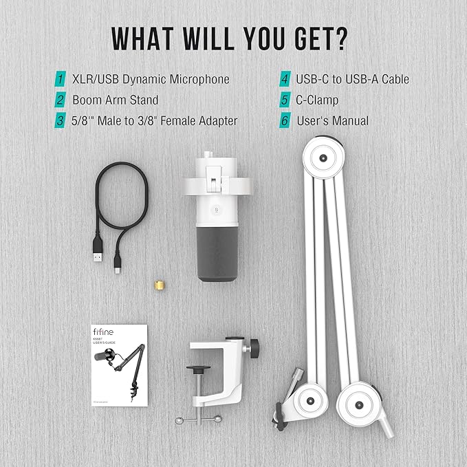 FIFINE Podcast XLR/USB Microphone Kit, Studio Dynamic Vocal Mic for Recording, Streaming, Voice-Over, PC Microphone with Boom Arm with Mute, Headphone Monitoring, Metal-AmpliTank K688T White