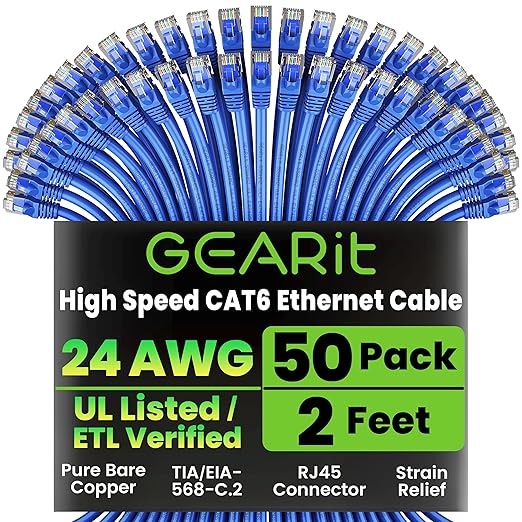 GEARit Cat 6 Ethernet Cable Pack - 50-Pack 2 ft Cat6 Ethernet Patch Cables | RJ45 Network Patch Cable, 10 Gbps Snagless Gold-Plated Connectors - Ethernet Cable Cat 6 for PC, TV, Router - Blue