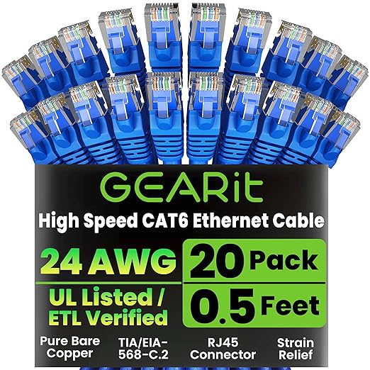 GearIT Cat 6 Ethernet Cable Pack - 20-Pack 0.5 ft Cat6 Ethernet Patch Cables | RJ45 Network Patch Cable, 10 Gbps Snagless Gold-Plated Connectors - Ethernet Cable Cat 6 for PC, TV, Router - Blue