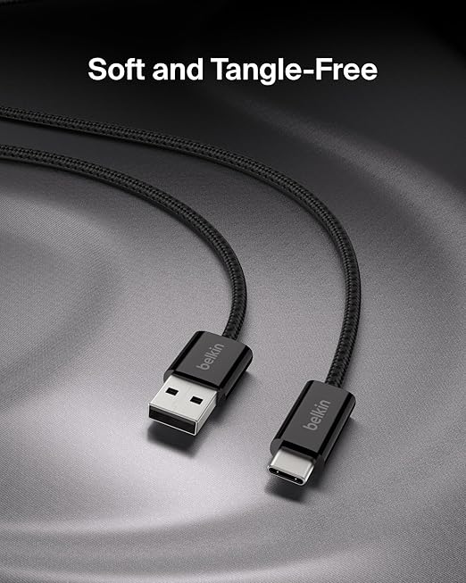 Belkin USB A to USB C Cable 2-Pack, 6.6ft, 15W - Type C Charger, iPhone Charger Cord, Soft, Braided, Flexible for iPhone 16 & 15, Galaxy S25, Pixel 9, iPad Pro, Airpods Pro, Switch & More - Black