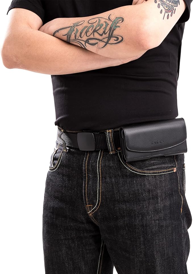 PiTau Holster for iPhone 16 & Pro 16e 15 15pro 14 14pro 13 13pro 12 12pro, Samsung Galaxy S25 S24 S23 S22, Cell Phone Belt Holder Case with Clip, ID Card Pouch Protective Cover for Men, Black Medium