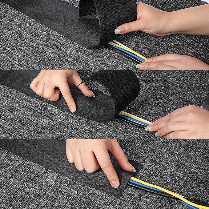 WILLBOND 2 Pack 10 ft x 3 Inch Cable Floor Strip Cable Cover Cords Carpet Protector Management Hook and Loop Tape for Wires on Floor Cords and Prevent a Trip Hazard (Black)