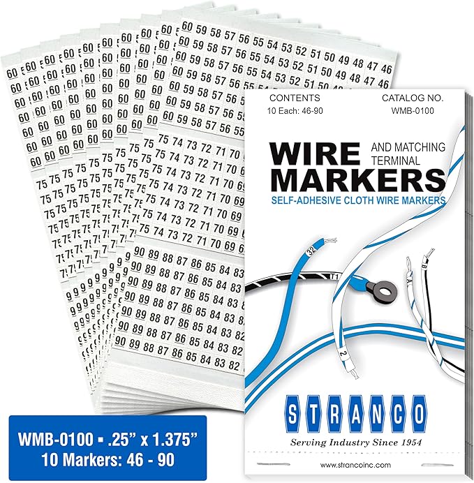 Premium Wire Marker Book for Cable Management, Vinyl-Coated, High-Tack Adhesive, Electric Panel Wire Label Stickers - 10 Pages, 1 Book, Numbered 46-90 (Pack of 5)