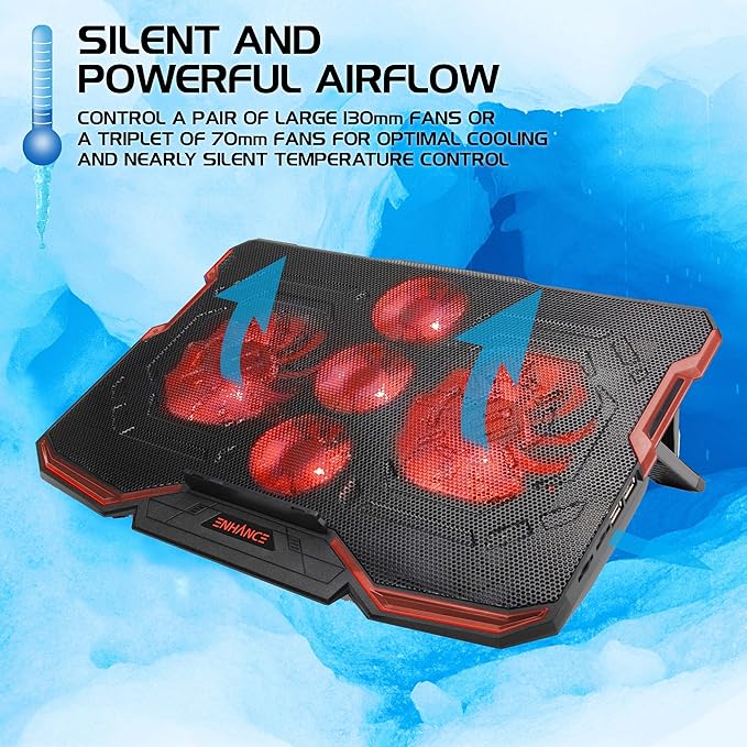 ENHANCE Cryogen Gaming Laptop Cooling Pad - Fits 17 in. Computer, PS4 - Adjustable Laptop Cooling Stand with 5 Quiet Cooler Fans, 2 USB Ports and LED Lighting - Slim Portable Design 2500 RPM (Red)