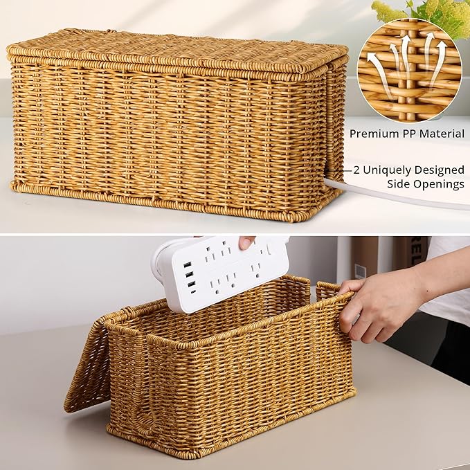 2Pack Large Cable Management Box, Handwoven Imitation Rattan Cord Organizer Cord Hider Box, Desk Wire Management to Hide Cords and Power Strips, Natural