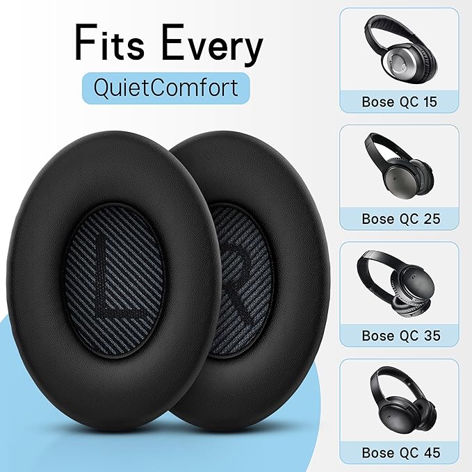 Earpads Replacements for Bose QuietComfort 35, QuietComfort 45, QC 35, QC 45 Over Ear Headphones, Protein Leather, Noise Isolation Fit, Black