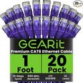 GearIT Cat 6 Ethernet Cable (20-Pack 1 Foot) Cat6 Network Patch, 10Gbps, RJ45, Snagless Cord, Gold-Plated Connectors, Internet for PC, TV, Tablet, Router, Printer, Servers, IT Data Center - Purple
