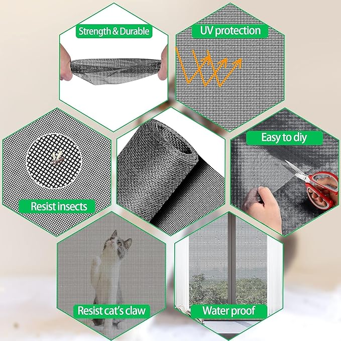 QWR Pet Proof Window Screen Replacement,39''x 360'' Heavy Duty High Hardness Vinyl Coated Wire-Like Mesh,Cat Resistant Screen Mesh for Sliding Screen Door,Patio,Windows(Rolled Package)