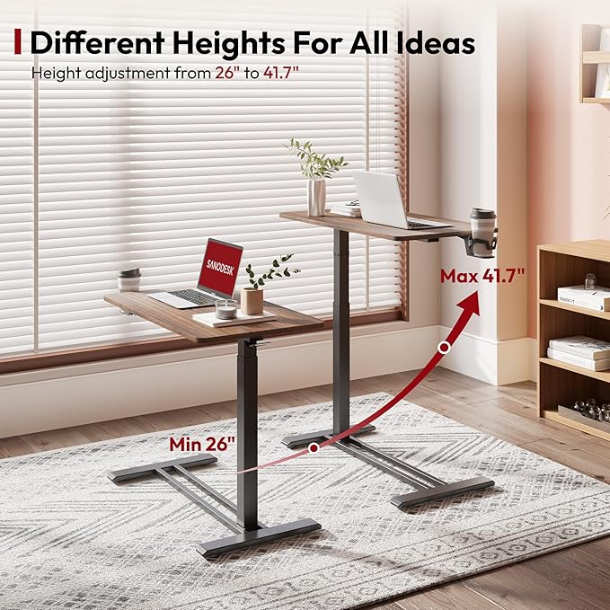 SANODESK Medical Adjustable Overbed Bedside Table with Hidden Casters, Pneumatic Mobile Laptop Computer Standing Desk Cart with Tray, Hospital and Home Use(27.6" W x 15.7" D, Walnut)