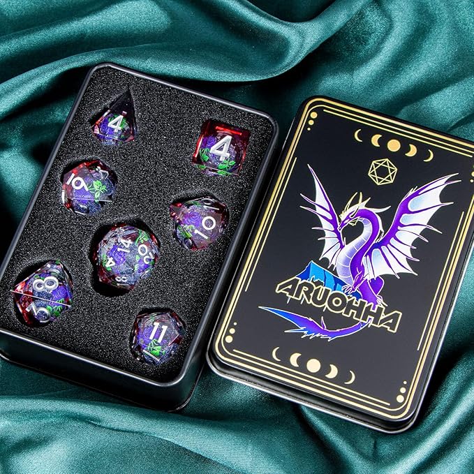 ARUOHHA Liquid Core DND Dice Set, Vampire Sharp Edged Dragons Dice Compatible with D&D RPG Role Playing Games, Resin Blood Red Polyhedral Dungeons D and D Dice with Gift Box D20 D12 D10 D8 D6 D4