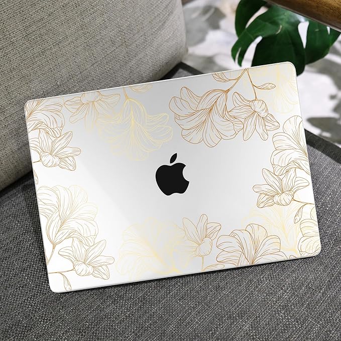 MEEgoodo for M4/M3/M2 MacBook Air 15.3 inch Case 2025 2024 2023, Case Fit Model (A3241/A3114/A2941) for MacBook Air 15 inch, Laptop Hard Shell with Keyboard Cover, Drawn Golden Floral