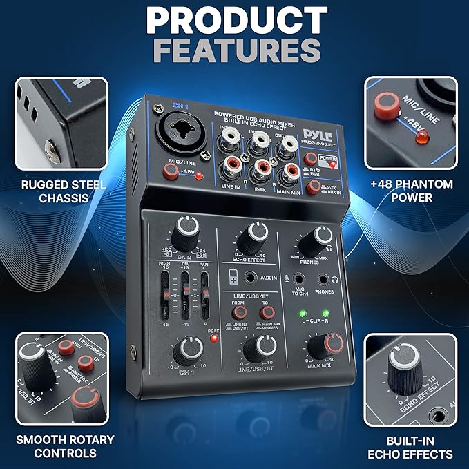 Pyle 3-Channel Professional Wireless DJ Audio Mixer - Bluetooth 5.0 - USB Interface - XLR+6.35mm Mic/Line/Guitar Input - 3.5mm Mic Input - RCA - AUX - Headphone Jack - +48V Phantom Power - PAD33MXUBT