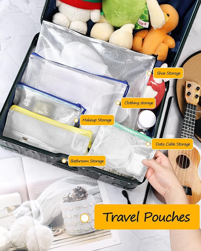 SUNEE Plastic Mesh Zipper Pouch 6x9 in (6 Colors, 12 Packs), Small Water-Resistant Zip Bag for School Office Supplies, Pencil Organizing Storage