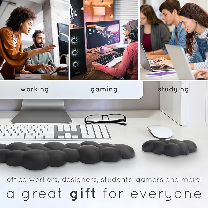 Qloud Cloud Wrist Rest Keyboard Wrist Rest for Computer Keyboard Pad, Cloud Keyboard Wrist Rest, Wrist Pad for Keyboard, Memory Foam, Non Slip Base, Comes with Mouse Pad - Soft Gray